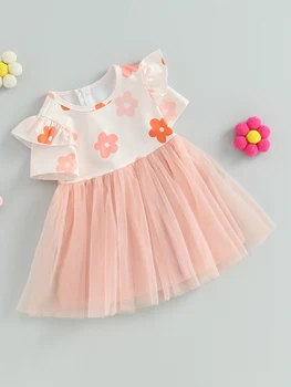 Платье-пачка для маленьких девочек с коротким рукавом и круглым вырезом, Платье-пачка с цветочным принтом, Платье Принцессы, Летнее Повседневное Платье (A-Pink 5-6 Изображение
