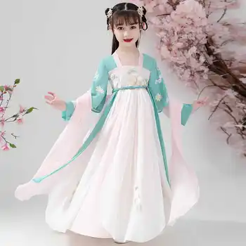 Платье феи Hanfu для девочек, детское платье Феи в китайском стиле с длинным рукавом для девочки 12 лет, Старинный костюм Феи, летнее платье Изображение