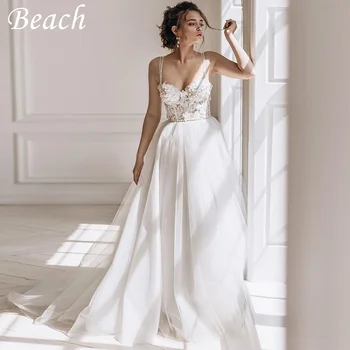 Пляжное белое Свадебное платье на тонких бретельках 2023, Кружевные аппликации, Длинные рукава, Трапециевидное Простое свадебное платье Robe De Mariee Изображение
