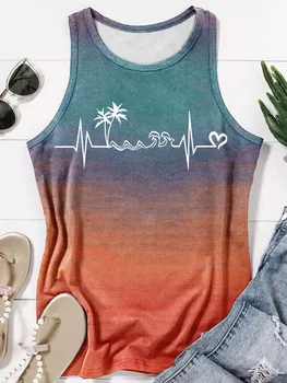 Пляжные летние топы для женщин, Градиентное сердцебиение, Кокосовая пальма, футболка с рисунком гонщика, майка для отпуска, Праздничная рубашка без рукавов 2023 Изображение
