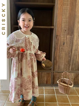 Повседневное платье для девочек, Новинка 2023 года, Платья с длинными рукавами и кружевным принтом для маленьких детей, детская одежда Изображение