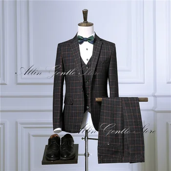 Профессиональные мужские костюмы, комплект из 3 предметов, клетчатый блейзер в стиле ретро, куртка в деловом стиле, вечернее платье на заказ Изображение