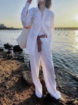 Ранняя осень 2023 Женский Белый повседневный костюм С отложным воротником Женская однобортная рубашка с длинным рукавом Прямые брюки на молнии Изображение