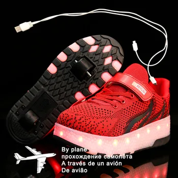 Роликовые кроссовки для детей, мальчиков, Размер 28-40, Обувь со светодиодной подсветкой, двойные колеса, USB-зарядка, обувь для катания на коньках для детей, мальчиков и девочек Изображение