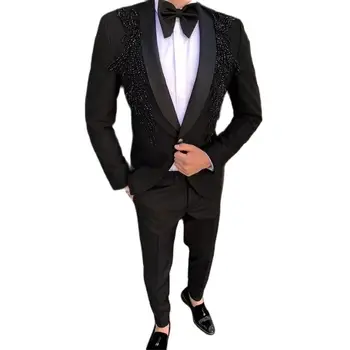 Роскошные Мужские костюмы с бисером, Блейзер для выпускного вечера, Новейший Дизайнерский костюм Homme Terno Masculino, Одежда для жениха, Свадьба, 2 предмета (куртка + брюки) Изображение