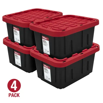 Сверхпрочный Пластиковый контейнер для хранения с защелкивающейся крышкой объемом 5 галлонов, черный с красной крышкой, Набор из 4 пластиковых контейнеров размером 16,40x12,30x8,60 дюймов Изображение