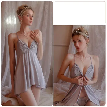 Сексуальная Пижама Женская Шелковая Ночная рубашка на подтяжках Женская Весенне-летняя Тонкая Сетчатая пижама на бретелях для домашнего обслуживания Изображение
