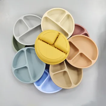 Силиконовая детская тарелка для ужина, круглая силиконовая посуда со смайликом, детская силиконовая посуда для детского питания Изображение
