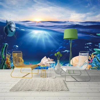 Синее море на заказ Фреска для домашнего Декора Подводный мир Дельфин 3D Фотообои Телевизор Диван Фон Настенный Аквариум Декор Изображение
