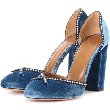 Синие туфли-лодочки с мелким декором и кристаллами, без застежки, однотонные туфли на высоком массивном каблуке для женщин, свадебные туфли на каблуках 2023 Zapatos Para Mujere Изображение