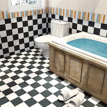 Современная толстая самоклеящаяся плитка, наклейки для пола, обои для ванной комнаты с клетчатым рисунком, черно-белый декор спальни из ПВХ Изображение