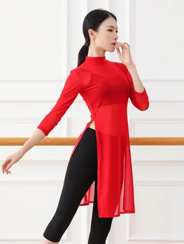 Танцевальные женские Классические Топы Body Rhyme, Элегантная сетчатая рубашка для тренировок по танцам, эластичная сетчатая рубашка с длинными рукавами и высоким воротом Изображение