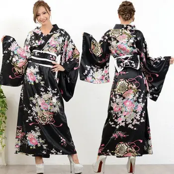 Традиционный японский женский костюм Кимоно, Халат Юката с черным цветочным принтом, Платье на Хэллоуин, Винтажное платье для Косплея, костюм Изображение