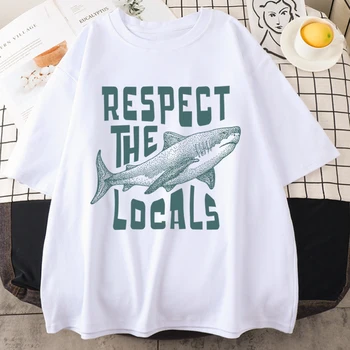Уважайте местных жителей, мужская хлопковая футболка Shark, одежда Оверсайз, повседневные винтажные футболки, дышащие креативные топы, Мужские футболки с коротким рукавом Изображение