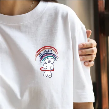 Футболка из плотного хлопка в стиле ретро Y2k с короткими рукавами, женская летняя свободная футболка для корейской пары Изображение