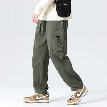 Хлопчатобумажные тканые саржевые брюки в стиле ретро для мужчин, одежда, эластичный пояс на шнурке, Мульти-карманы, брюки-карго, Модные широкие брюки Изображение