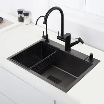Черная кухонная раковина с одинарным тазом для мытья овощей из черной нержавеющей стали pia drainer Изображение