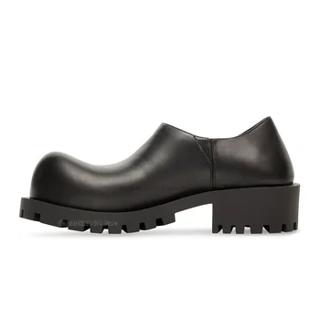 Черная мужская обувь на толстой платформе с круглым носком, Модная Высококачественная мужская модельная обувь, Новые Удобные лоферы без застежки для работы в офисе Изображение