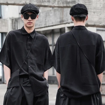 Черные мужские рубашки в японском стиле, Мешковатый топ, блузка в стиле Самурай Харадзюку, Модная уличная мужская сорочка для подиума, вечеринки, ночного клуба Изображение