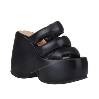 Черные Тапочки-Слипоны из лакированной кожи, Однотонная Женская Обувь на платформе с открытым Носком, Туфли на танкетке и Каблуке 2023, Zapatos Para Mujere Изображение