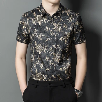Шелковая мужская рубашка с цветочным принтом в китайском стиле, Винтажная Повседневная летняя рубашка с коротким рукавом, гладкая, прохладная, удобная, Дышащая Camisa Masculina Изображение