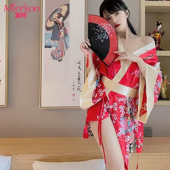 Эротическое белье, кимоно с японским принтом, сексуальный халат с бантом, кимоно, соблазнительное платье, эротическая пижама Изображение